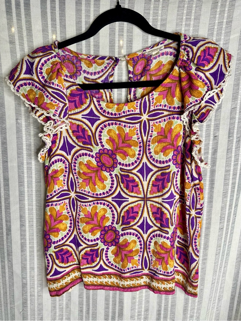 Haute Hippie Purple, Pink & Gold Floral Crochet Trim Blouse